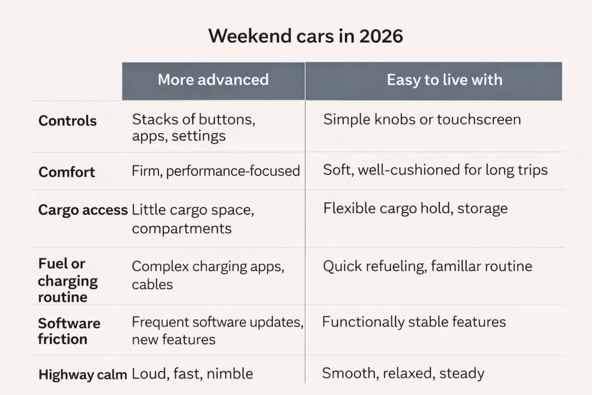 Why “Easy to Live With” Is Beating “More Advanced” for Weekend Cars in 2026